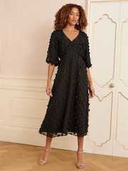 Love & Roses Black 3D Floral V-Neck Puff Sleeve Midi Dress - Image 4 of 4