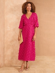 Love & Roses Pink 3D Floral V-Neck Puff Sleeve Midi Dress - Image 1 of 4