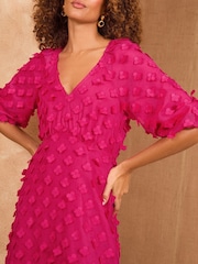 Love & Roses Pink 3D Floral V-Neck Puff Sleeve Midi Dress - Image 2 of 4
