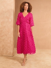 Love & Roses Pink 3D Floral V-Neck Puff Sleeve Midi Dress - Image 3 of 4