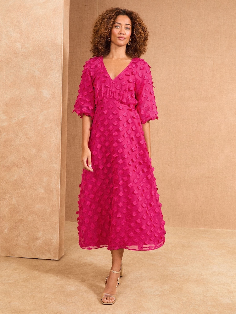 Love & Roses Pink 3D Floral V-Neck Puff Sleeve Midi Dress - Image 3 of 4