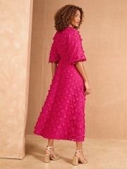 Love & Roses Pink 3D Floral V-Neck Puff Sleeve Midi Dress - Image 4 of 4