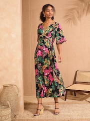 Love & Roses Black Tropical Sequin Angel Sleeve Midi Dress - Image 1 of 1
