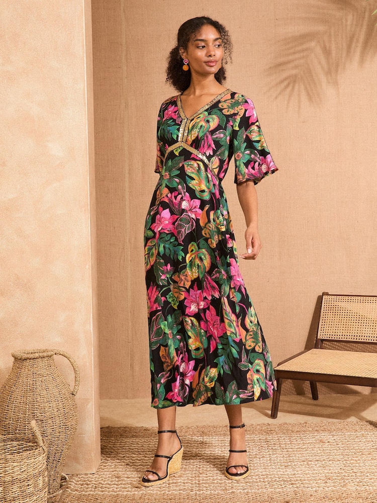 Love & Roses Black Tropical Sequin Angel Sleeve Midi Dress - Image 1 of 1 Love & Roses Black Tropical Sequin Angel Sleeve Midi Dress - Image 1 of 1