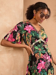 Love & Roses Black Tropical Sequin Angel Sleeve Midi Dress - Image 2 of 4