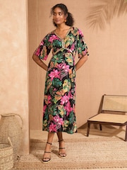 Love & Roses Black Tropical Sequin Angel Sleeve Midi Dress - Image 3 of 4