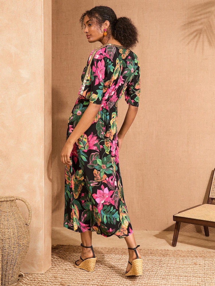 Love & Roses Black Tropical Sequin Angel Sleeve Midi Dress - Image 4 of 4
