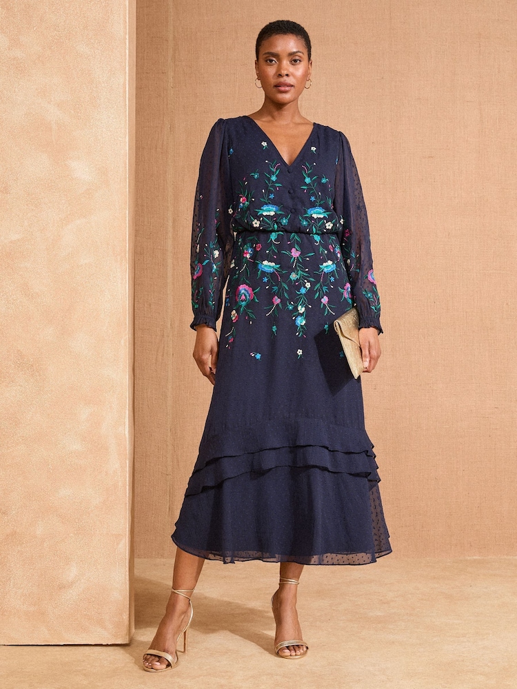 Love & Roses Navy Floral Petite Print Embroidered Dobby Long Sleeve Midi Dress - Image 1 of 5 Love & Roses Navy Floral Petite Print Embroidered Dobby Long Sleeve Midi Dress - Image 1 of 5
