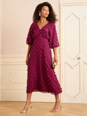 Love & Roses Red 3D Floral V-Neck Puff Sleeve Midi Dress - Image 1 of 4