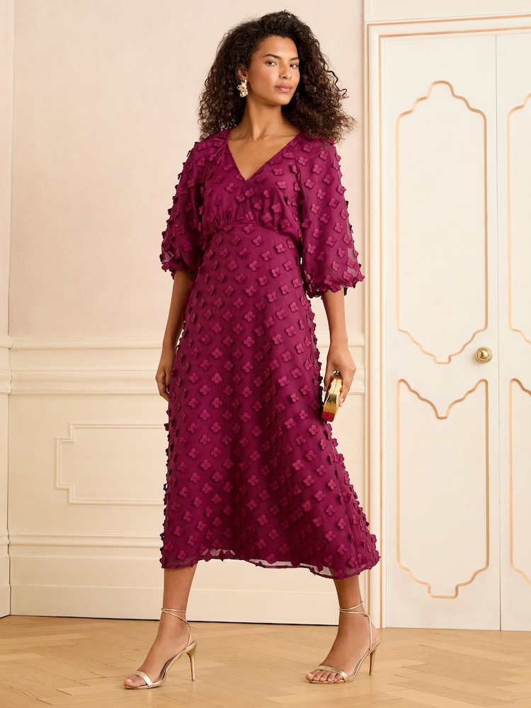 Love & Roses Red 3D Floral V-Neck Puff Sleeve Midi Dress - Image 1 of 4 Love & Roses Red 3D Floral V-Neck Puff Sleeve Midi Dress - Image 1 of 4