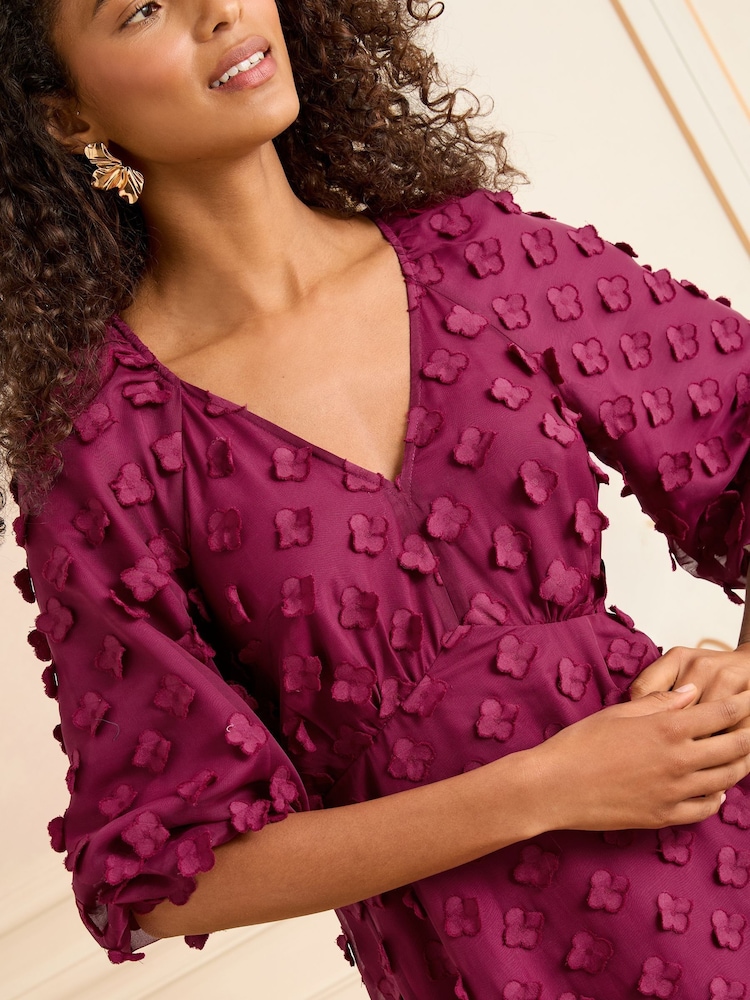 Love & Roses Red 3D Floral V-Neck Puff Sleeve Midi Dress - Image 2 of 4 Love & Roses Red 3D Floral V-Neck Puff Sleeve Midi Dress - Image 2 of 4