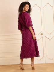 Love & Roses Red 3D Floral V-Neck Puff Sleeve Midi Dress - Image 3 of 4