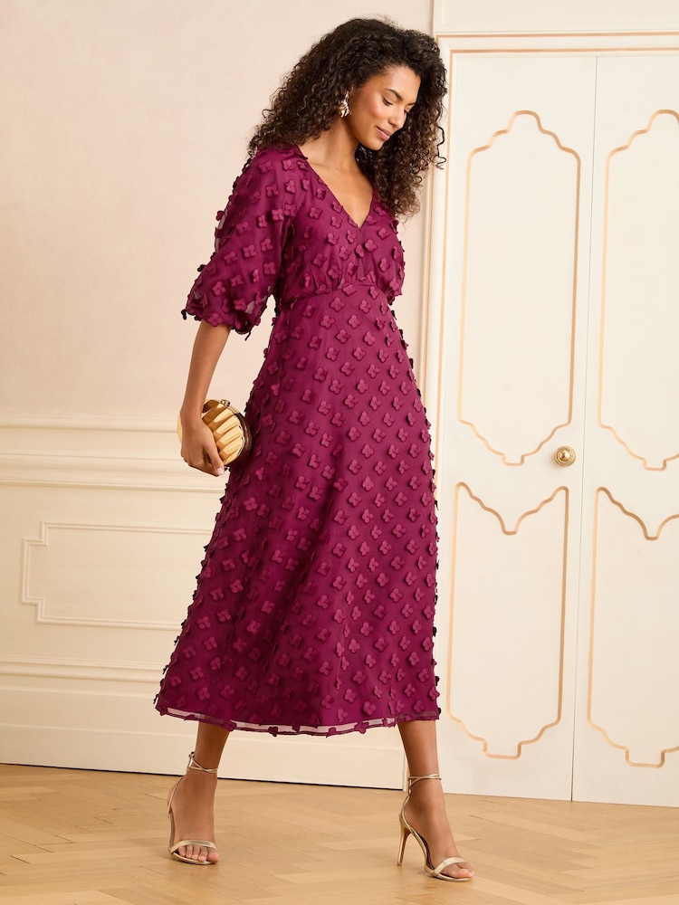 Love & Roses Red 3D Floral V-Neck Puff Sleeve Midi Dress - Image 4 of 4 Love & Roses Red 3D Floral V-Neck Puff Sleeve Midi Dress - Image 4 of 4