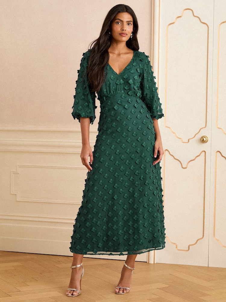 Love & Roses Green 3D Floral V-Neck Puff Sleeve Midi Dress - Image 1 of 4 Love & Roses Green 3D Floral V-Neck Puff Sleeve Midi Dress - Image 1 of 4