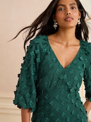 Love & Roses Green 3D Floral V-Neck Puff Sleeve Midi Dress - Image 2 of 4
