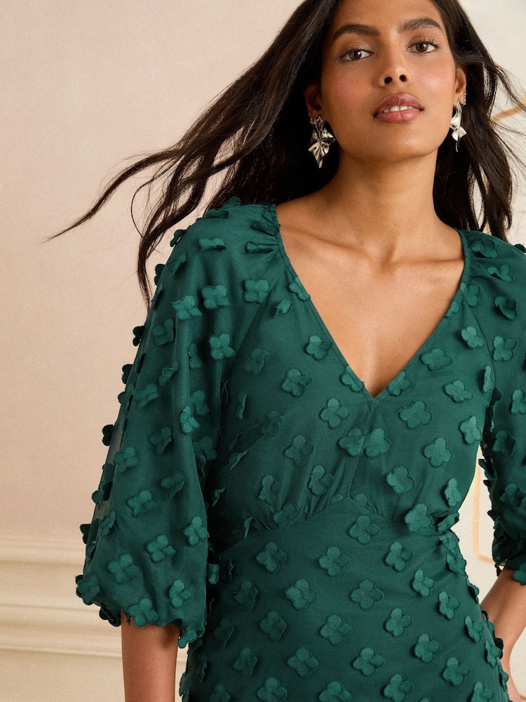 Love & Roses Green 3D Floral V-Neck Puff Sleeve Midi Dress - Image 2 of 4 Love & Roses Green 3D Floral V-Neck Puff Sleeve Midi Dress - Image 2 of 4