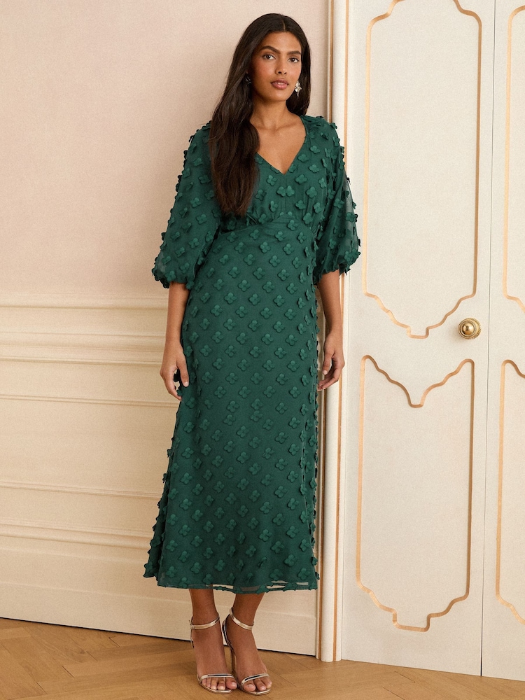 Love & Roses Green 3D Floral V-Neck Puff Sleeve Midi Dress - Image 4 of 4 Love & Roses Green 3D Floral V-Neck Puff Sleeve Midi Dress - Image 4 of 4