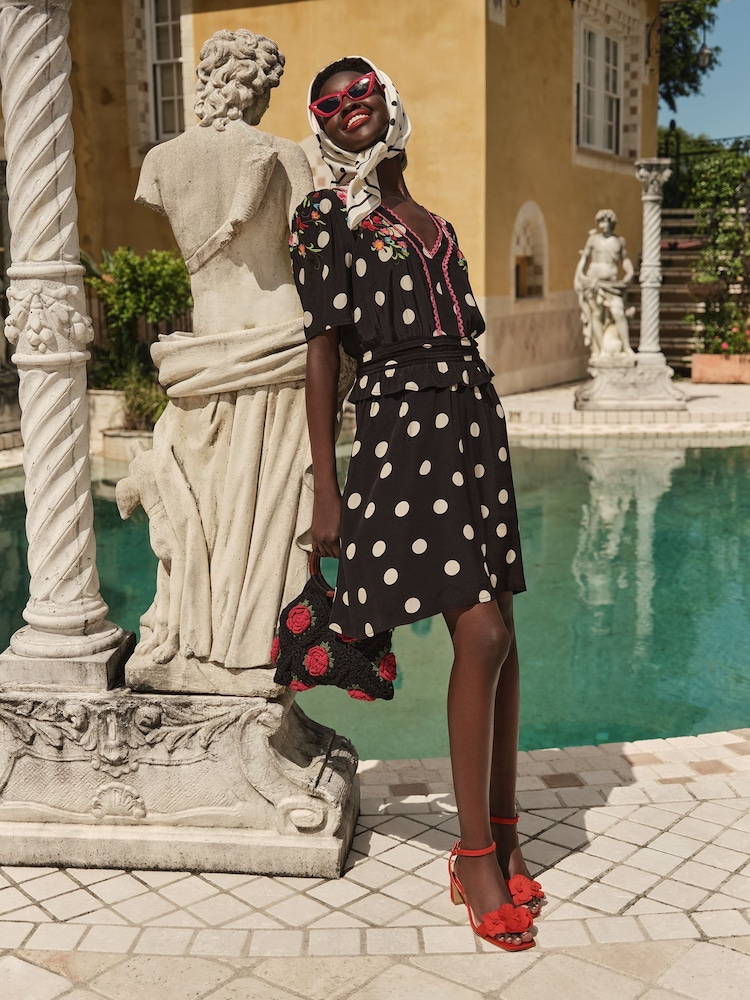 Buy Love Roses Black Spot Petite Embroidered V-Neck Peplum Mini