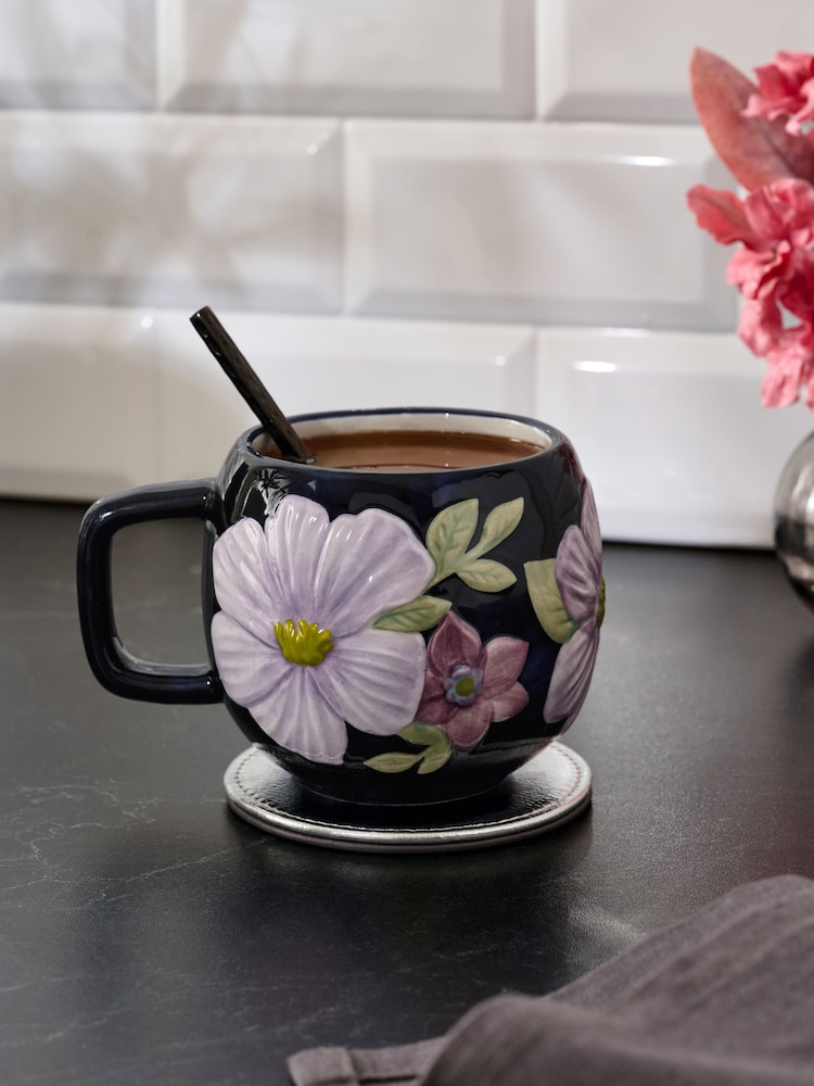 Navy Flower Textured Mug - Image 1 of 3 Navy Flower Textured Mug - Image 1 of 3