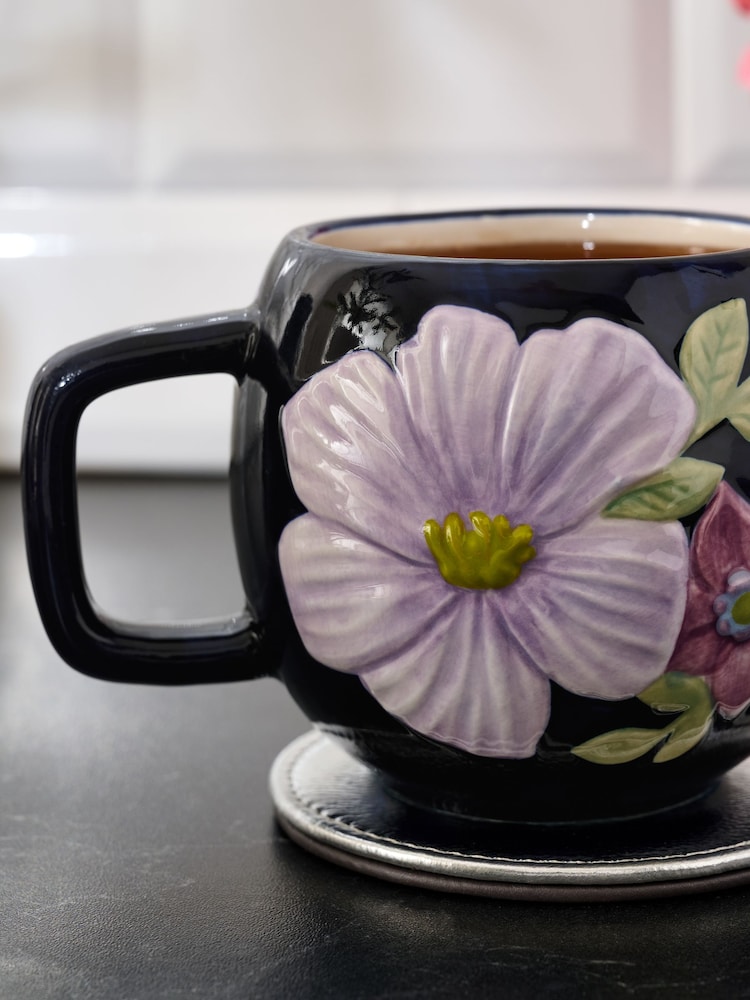 Navy Flower Textured Mug - Image 2 of 3 Navy Flower Textured Mug - Image 2 of 3
