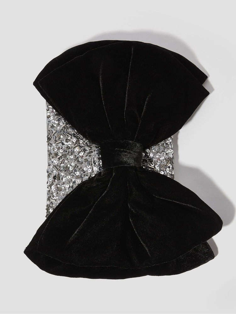 Monsoon Silver Bella Bow Embellished Clutch Bag - Image 1 of 4