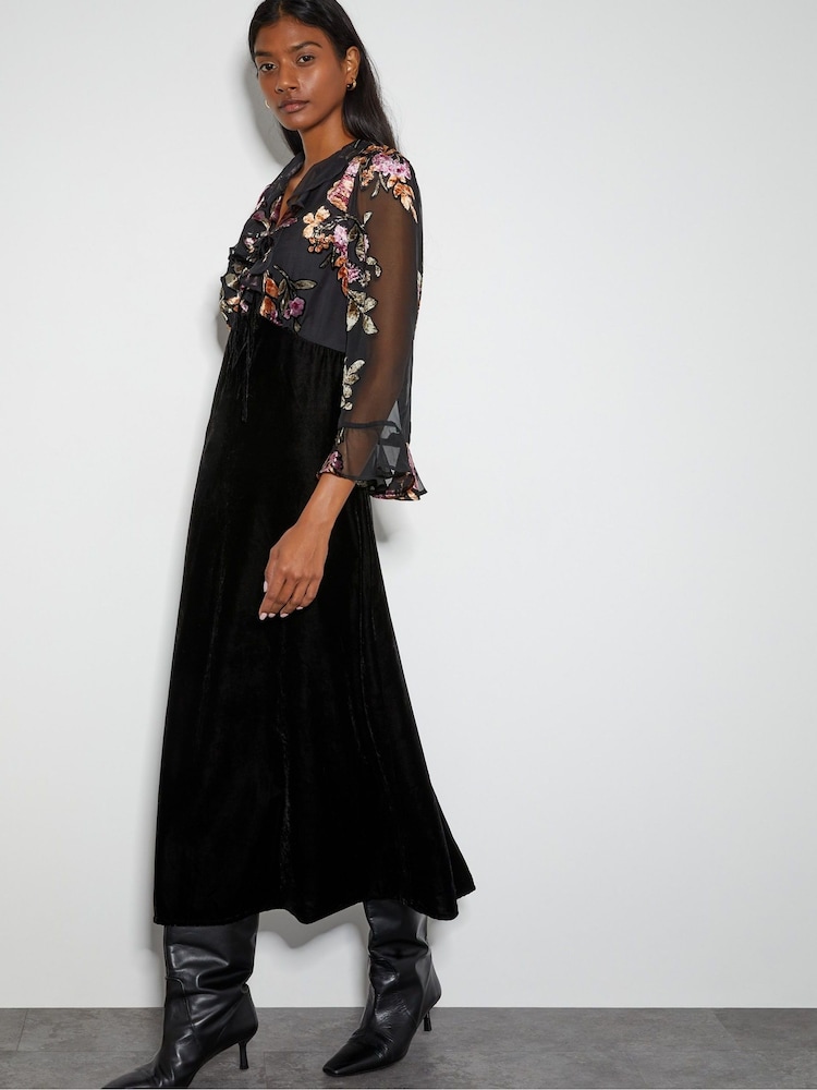 Monsoon Black Ariella Floral Devore Velvet Midi Dress - Image 1 of 4