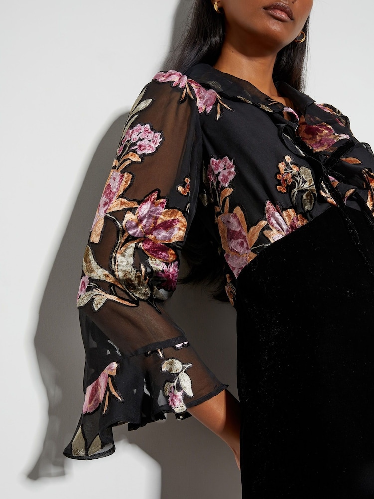 Monsoon Black Ariella Floral Devore Velvet Midi Dress - Image 4 of 4