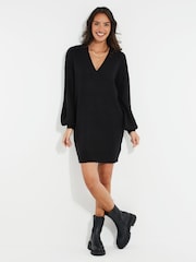 Threadbare Black Curve V-Neck Knitted Jumper Dress - Image 1 of 4