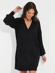 Threadbare Black Curve V-Neck Knitted Jumper Dress - Image 3 of 4