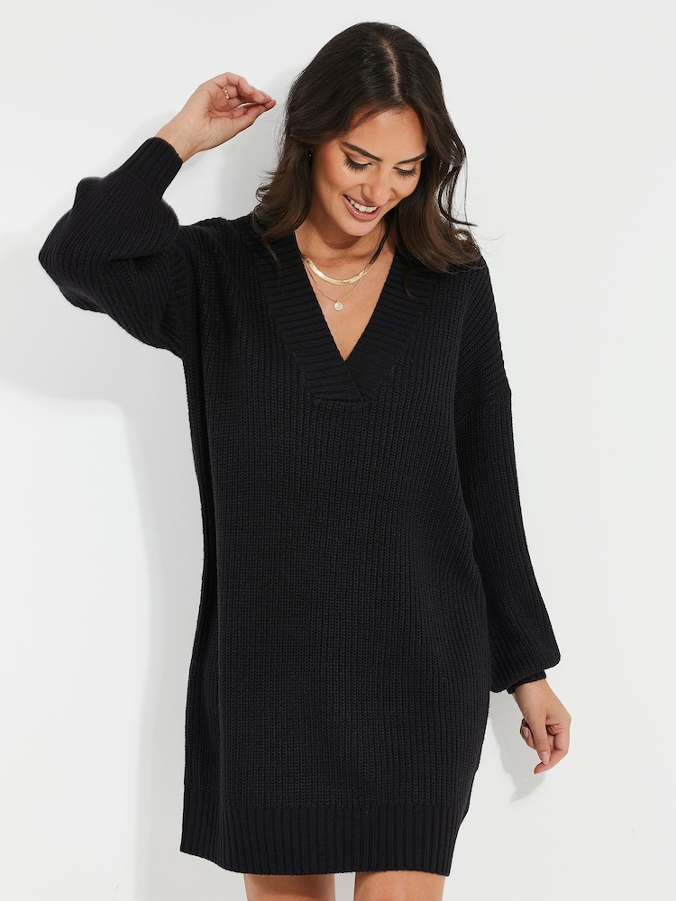 Threadbare Black Curve V-Neck Knitted Jumper Dress - Image 3 of 4