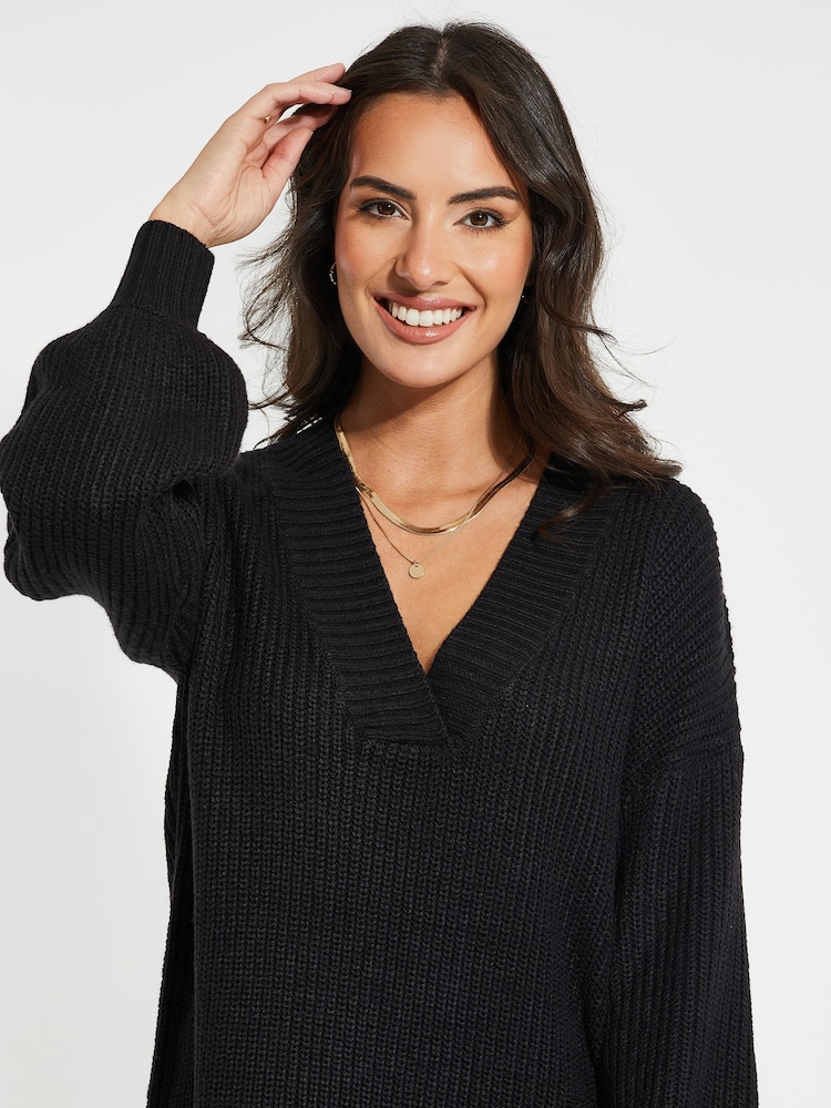 Threadbare Black Curve V-Neck Knitted Jumper Dress - Image 4 of 4