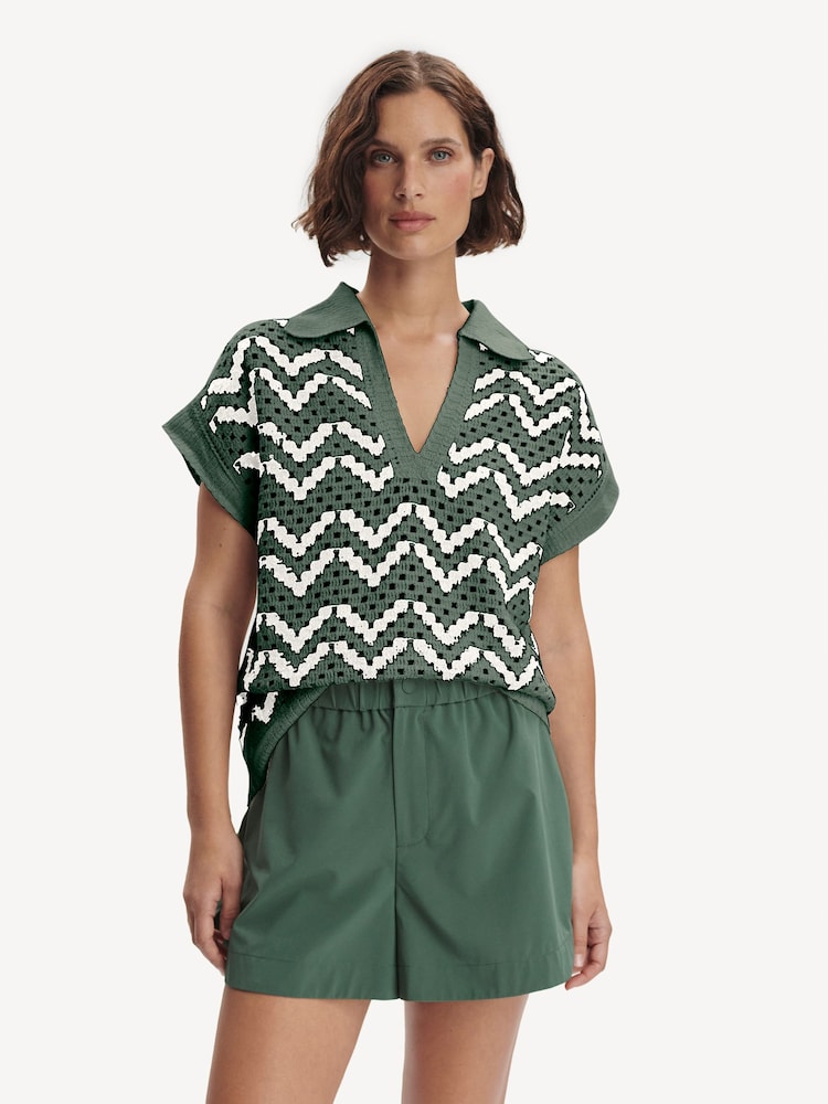 Varley Green Joelle Crochet Polo Top - Image 1 of 6 Varley Green Joelle Crochet Polo Top - Image 1 of 6