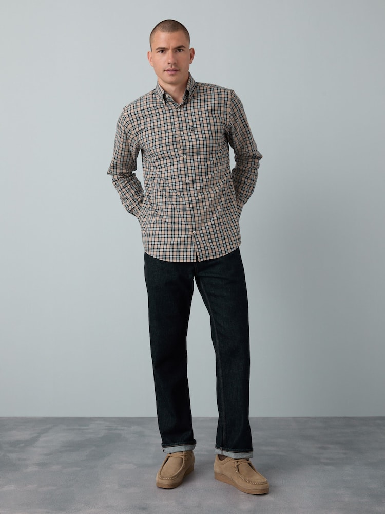 Neutral Brown Check Regular Fit Easy Iron Button Down Oxford Shirt - Image 2 of 7 Neutral Brown Check Regular Fit Easy Iron Button Down Oxford Shirt - Image 2 of 7