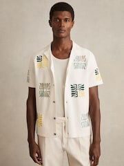 Reiss Optic White Pablo Reef-Embroidery Cuban-Collar Shirt - Image 1 of 6