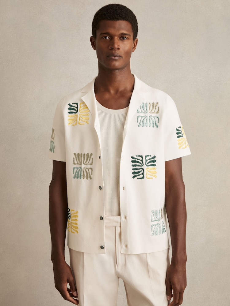 Reiss Optic White Pablo Reef-Embroidery Cuban-Collar Shirt - Image 1 of 6