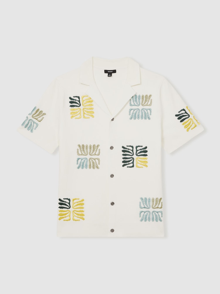 Reiss Optic White Pablo Reef-Embroidery Cuban-Collar Shirt - Image 2 of 6