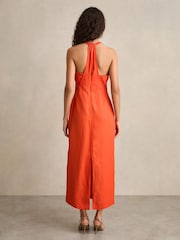 Reiss Red Erika Petite Whipstitch Halterneck Midi Dress - Image 4 of 7
