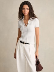 Reiss Ivory Poppy Lace Up Rib Knit Top - Image 1 of 6