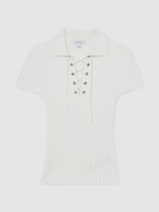 Reiss Ivory Poppy Lace Up Rib Knit Top - Image 2 of 6
