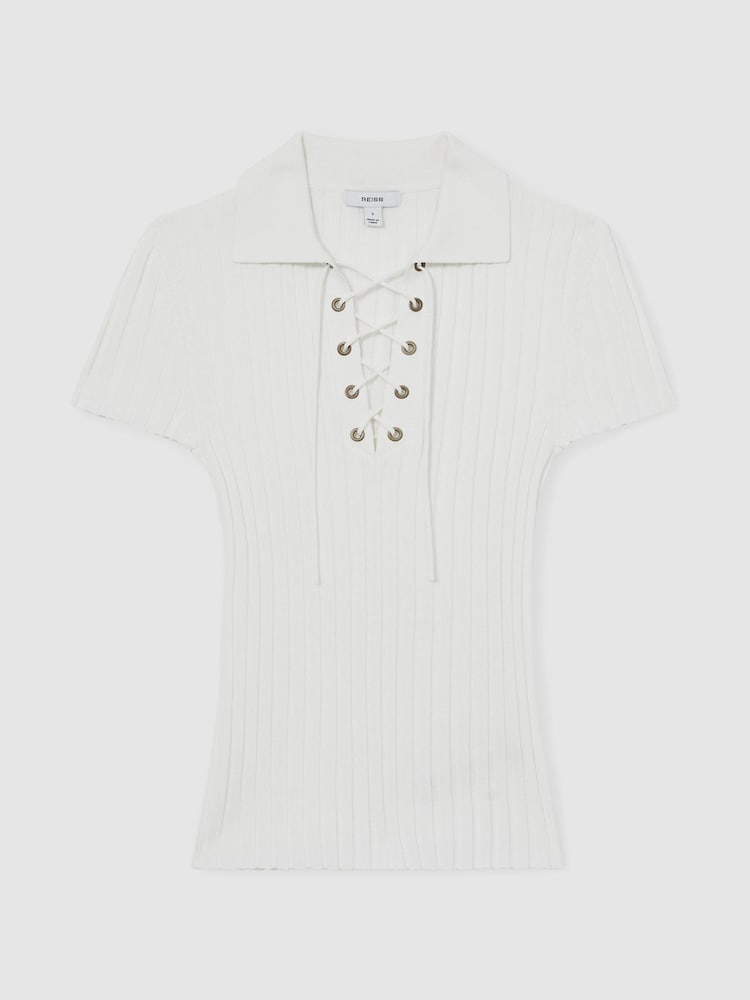 Reiss Ivory Poppy Lace Up Rib Knit Top - Image 2 of 6