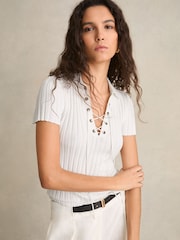 Reiss Ivory Poppy Lace Up Rib Knit Top - Image 5 of 6
