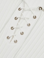 Reiss Ivory Poppy Lace Up Rib Knit Top - Image 6 of 6