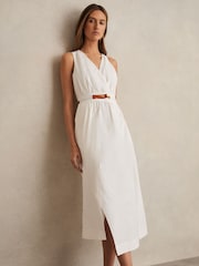 Reiss Ivory Brianne Petite Poplin Belted Split Midi Dress - Image 3 of 6