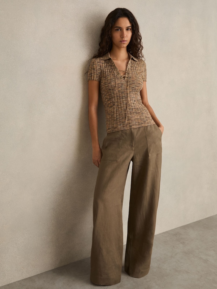 Reiss Camel Marl Poppy Lace Up Rib Knit Top - Image 1 of 5