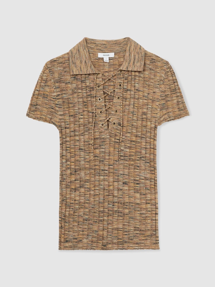 Reiss Camel Marl Poppy Lace Up Rib Knit Top - Image 2 of 5