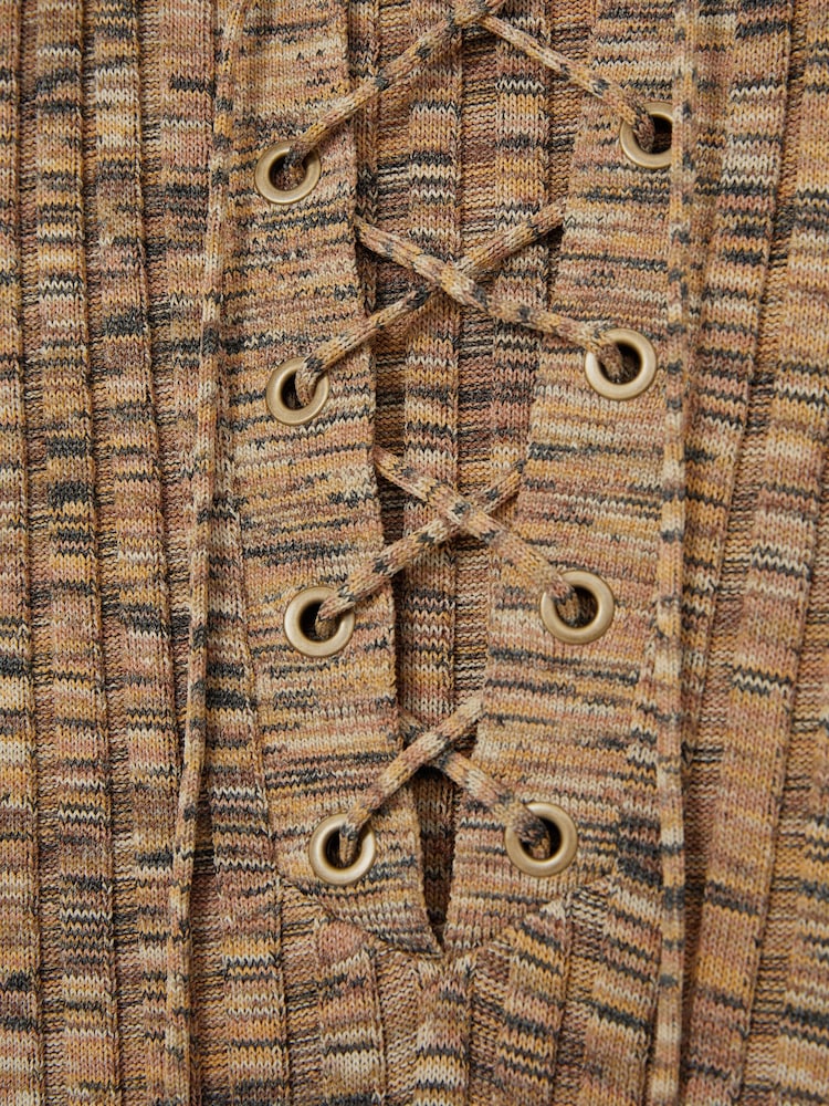 Reiss Camel Marl Poppy Lace Up Rib Knit Top - Image 5 of 5