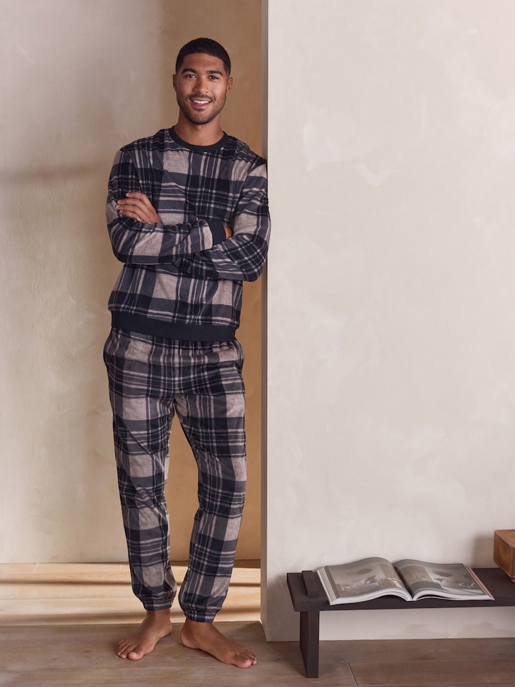Neutral/ Black Thermal Fleece Check Long Sleeve Cuffed Pjyamas Set - Image 1 of 7