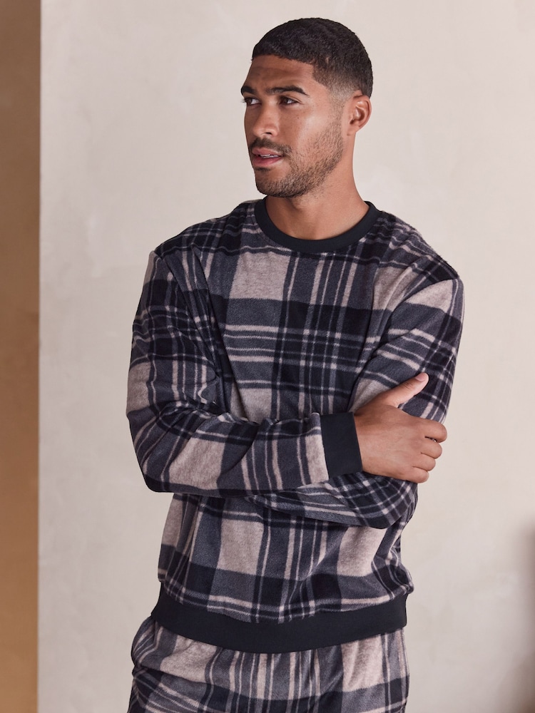 Neutral/ Black Thermal Fleece Check Long Sleeve Cuffed Pjyamas Set - Image 2 of 7