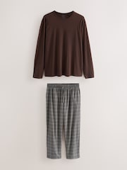 Grey/Brown Check Long Sleeve Woven Pyjamas Set - Image 1 of 5