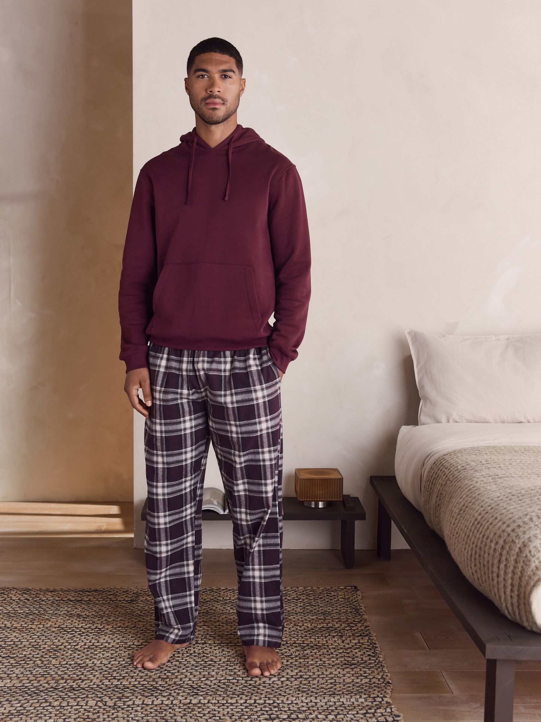 Buy Burgundy Red Check Bottoms Long Sleeve Hoodie Set from the